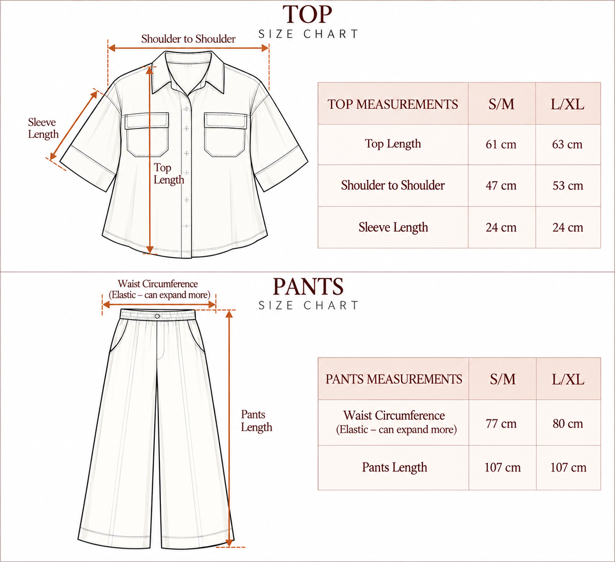 Sand Stitch Set size chart