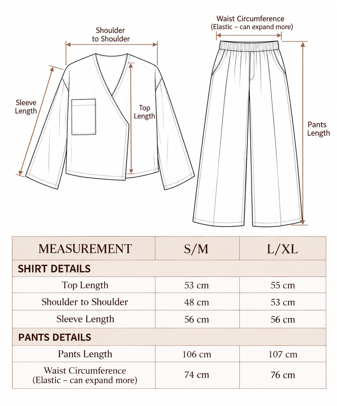 Airy Set size chart