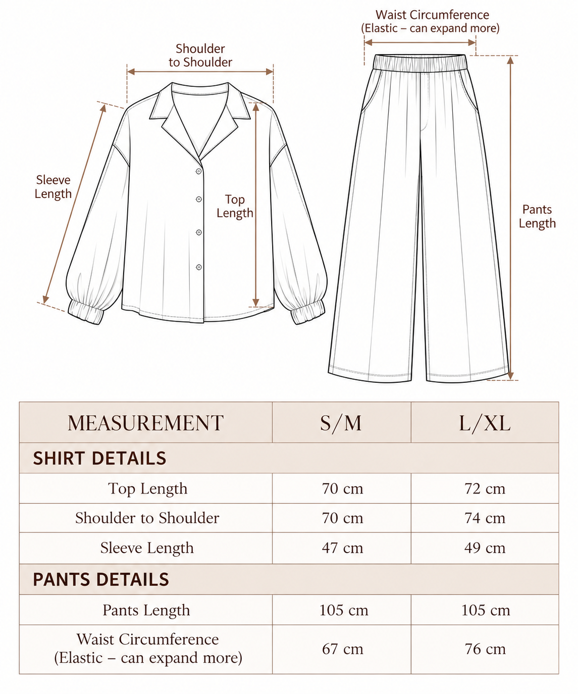 Palma Set size chart